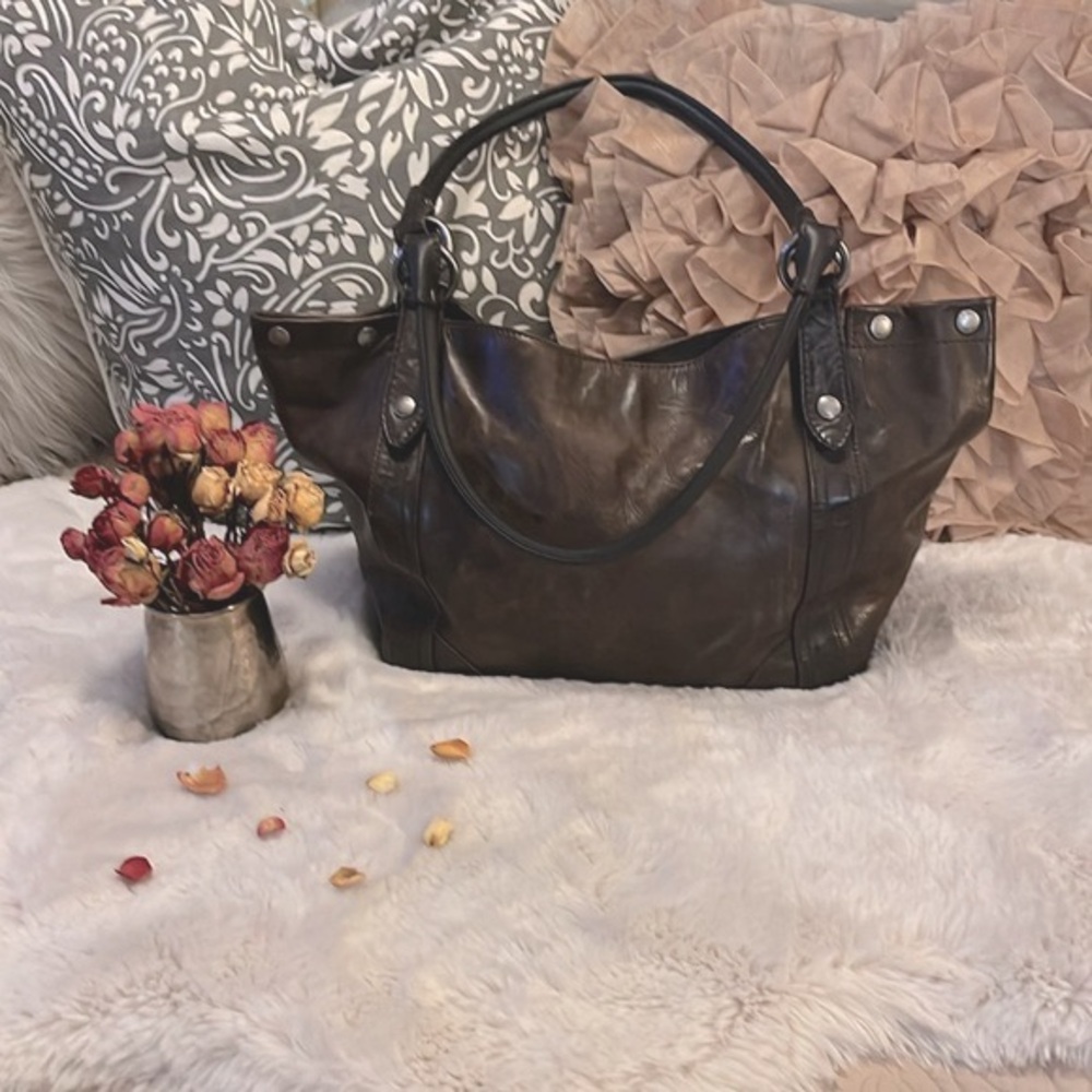 Frye Melissa Shoulder Distressed Brown Dark Leather Large Tote Bag Purse